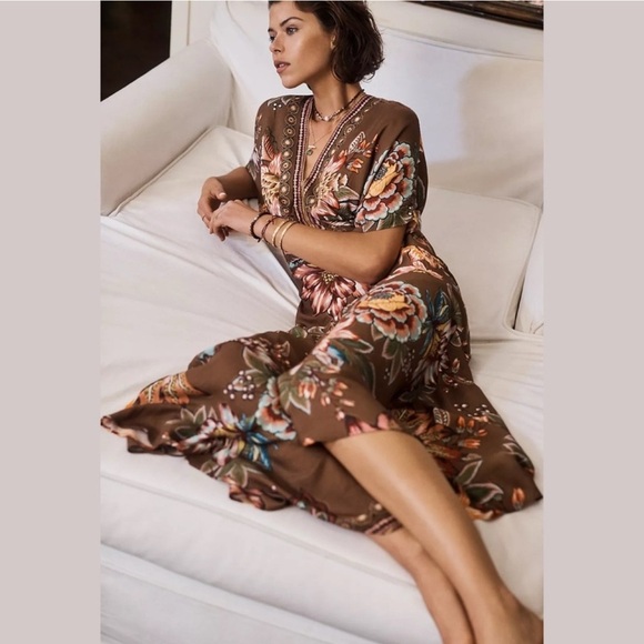 FARM Rio Anthropologie Valentina Brown Floral V Neck Midi Maxi Dress Small - Picture 12 of 12